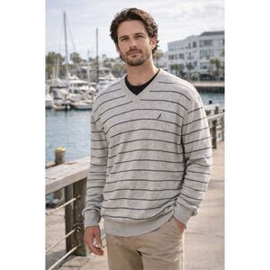 Nautica Preppy Cotton Knit Men’s XXL V-Neck Sweater Gray with Navy Stripes